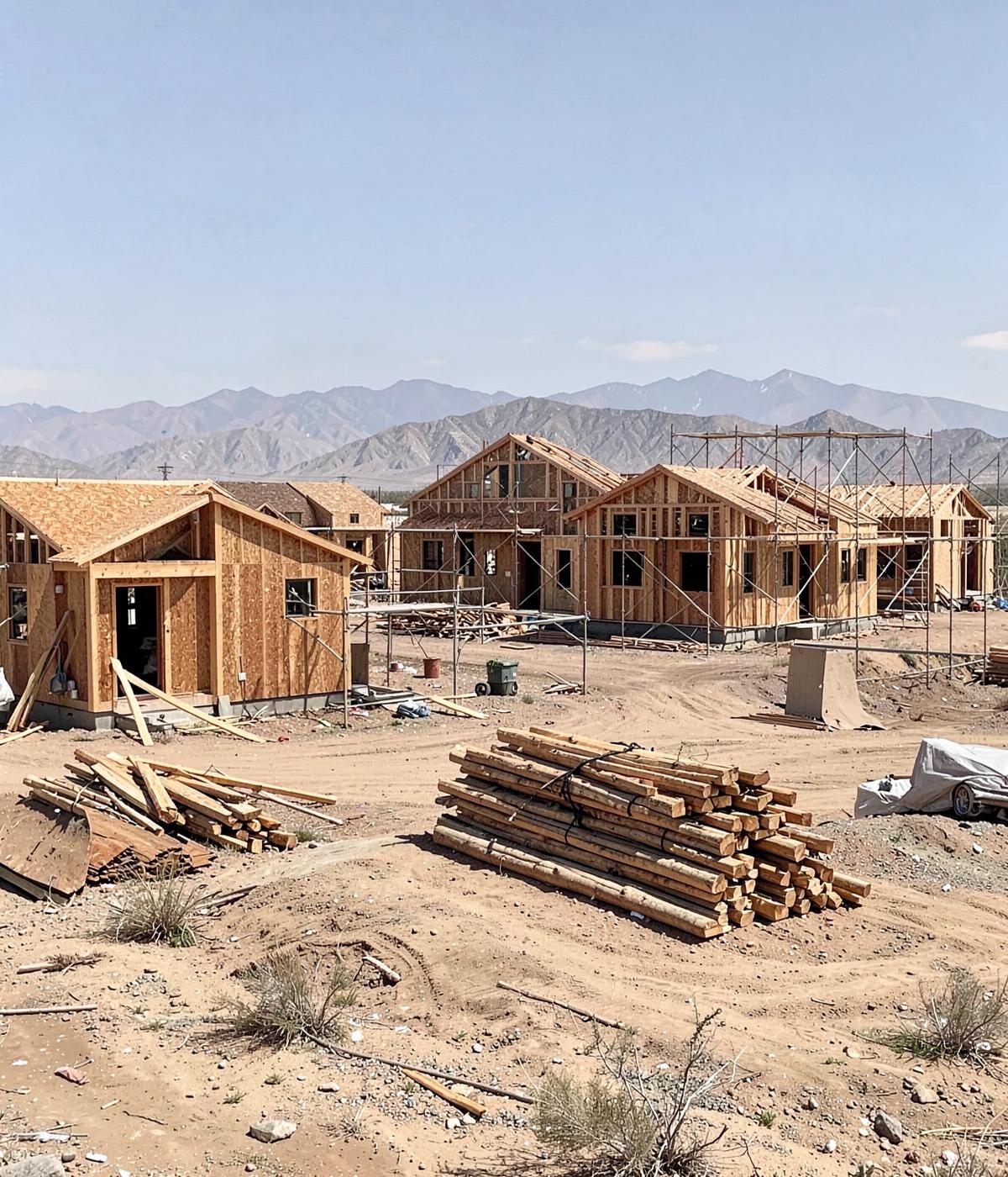 Half-built wood-framed houses on dirt lots in a desert construction subdivision with mountains beyond