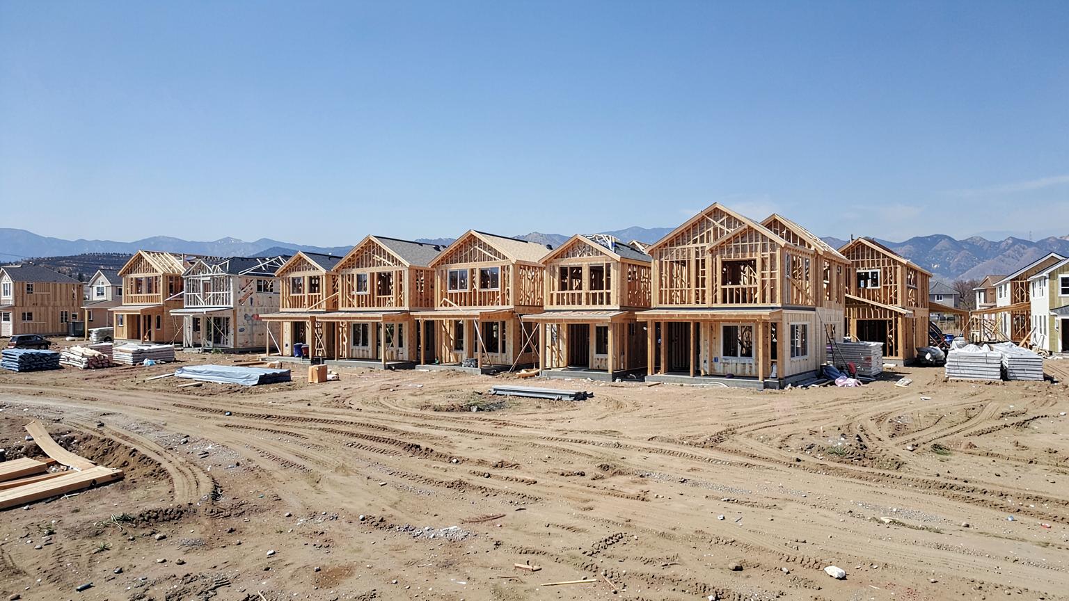 Rows of new houses under framing and roofing in a large subdivision with dirt lots and mountains behind