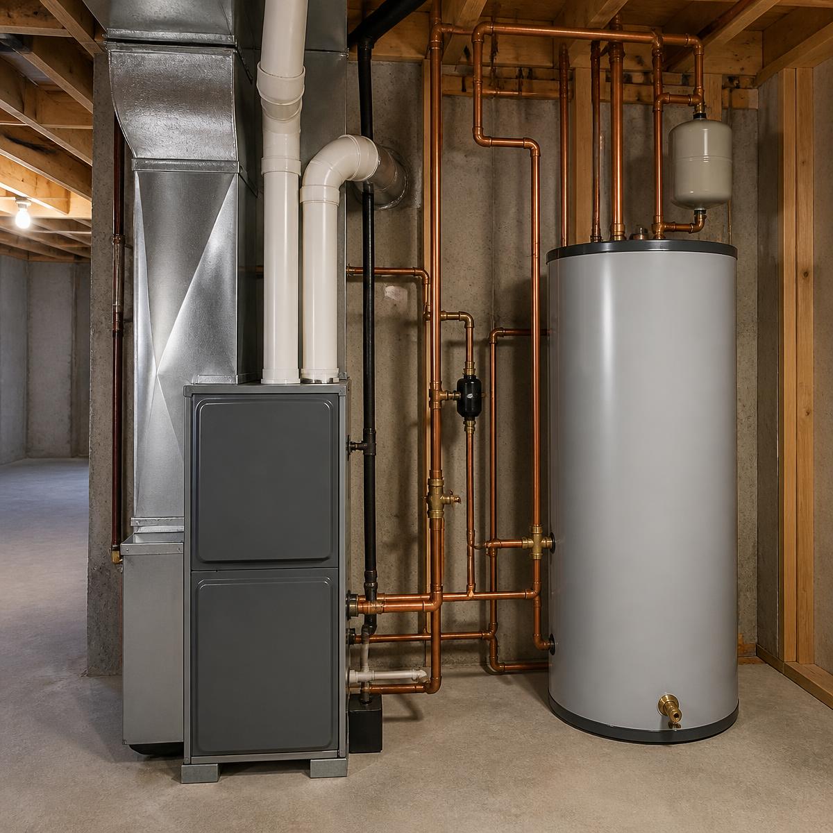 Aging furnace in a basement mechanical room of a Salt Lake City bungalow during inversion season