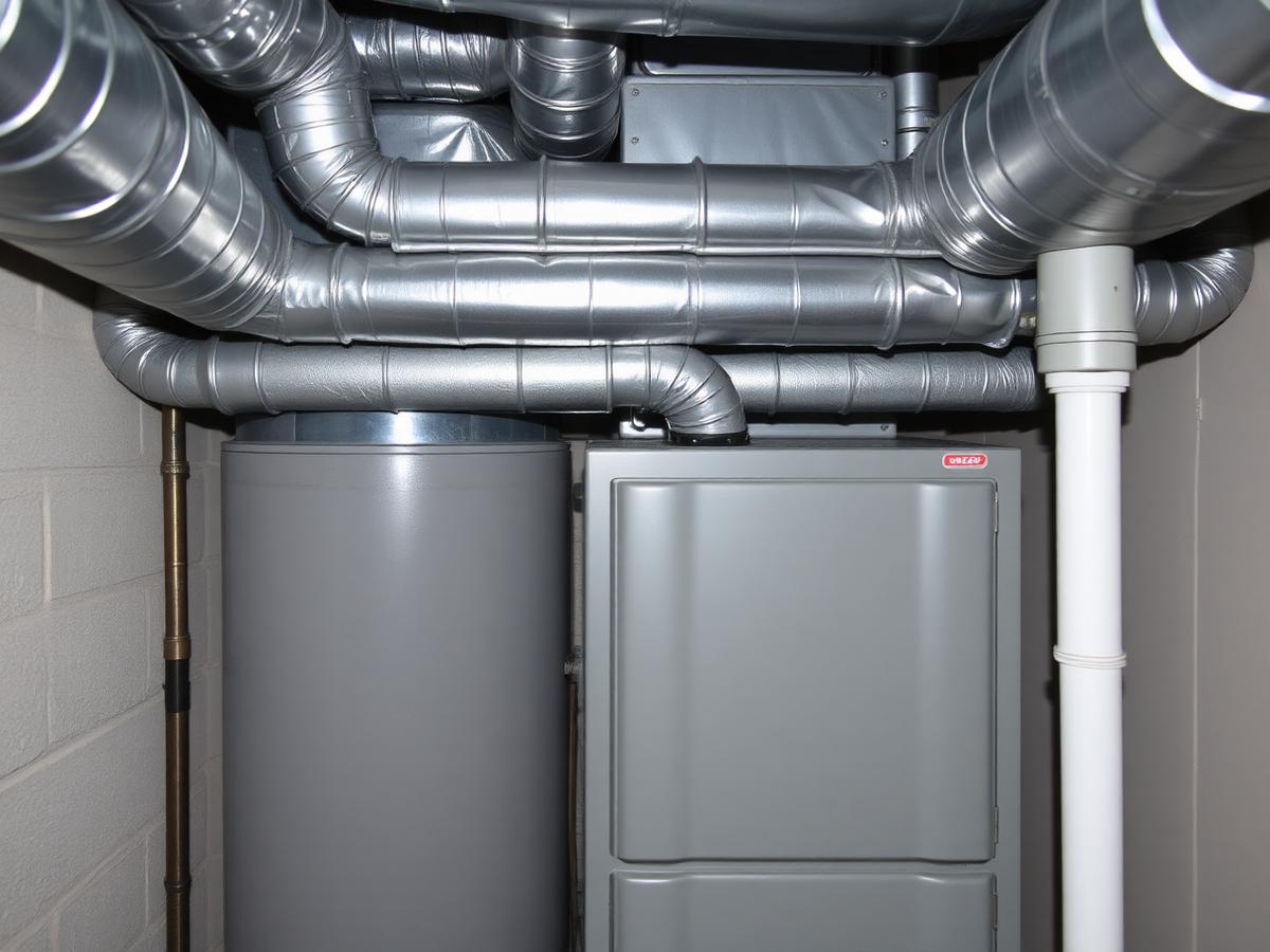 Furnace tucked into a low-clearance basement mechanical space in an Allentown brick twin