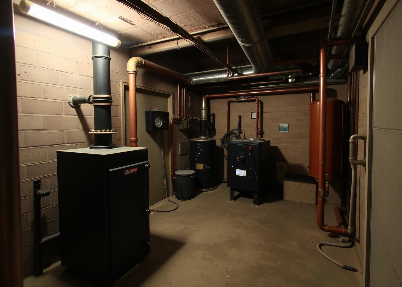HVAC technician repairing a furnace in the basement of a pre-1940 Tipperary Hill home during a Syracuse lake-effect storm
