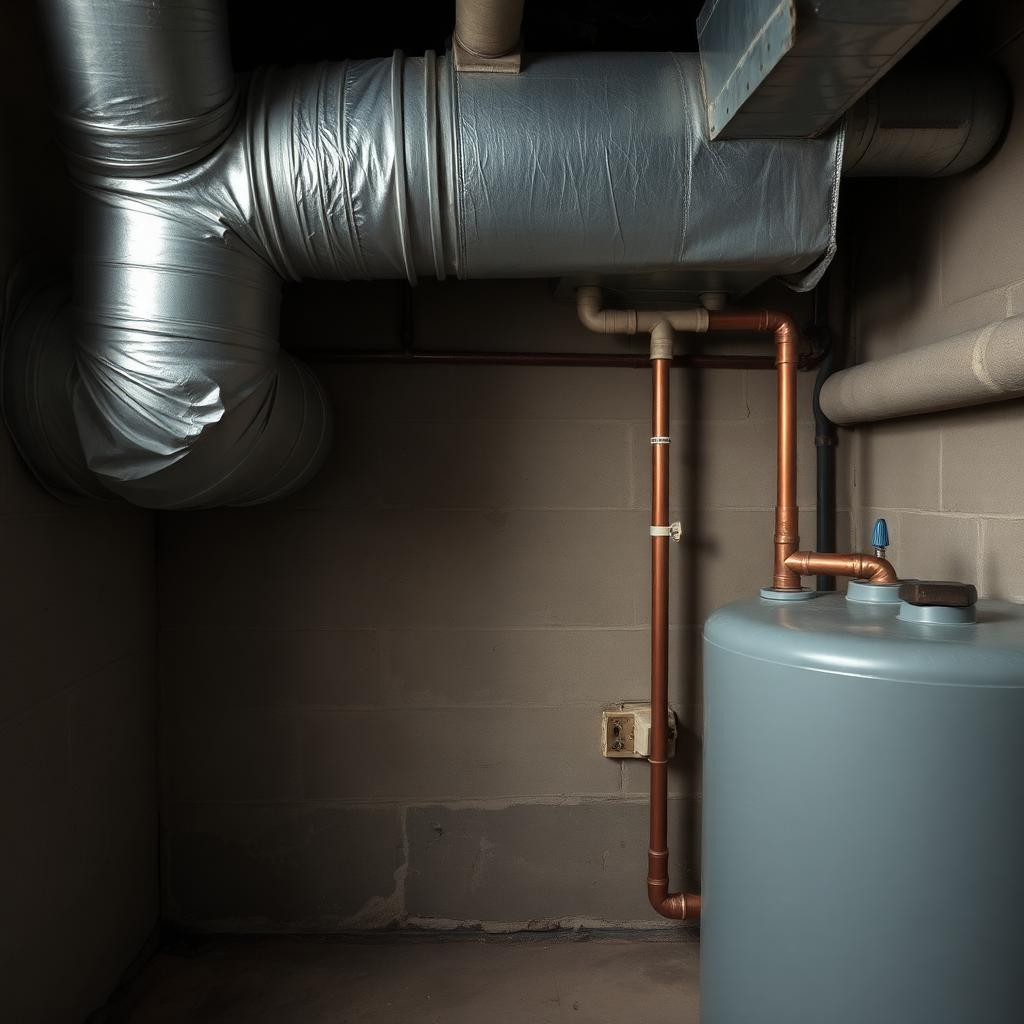 Dim basement utility corner with unlabeled ductwork, copper pipes and a plain water heater tank