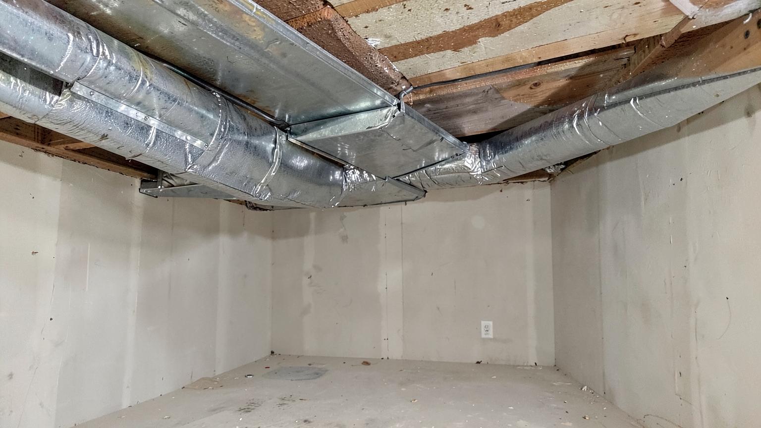 New galvanized sheet-metal ductwork and insulated flex duct running through an unfinished basement ceiling