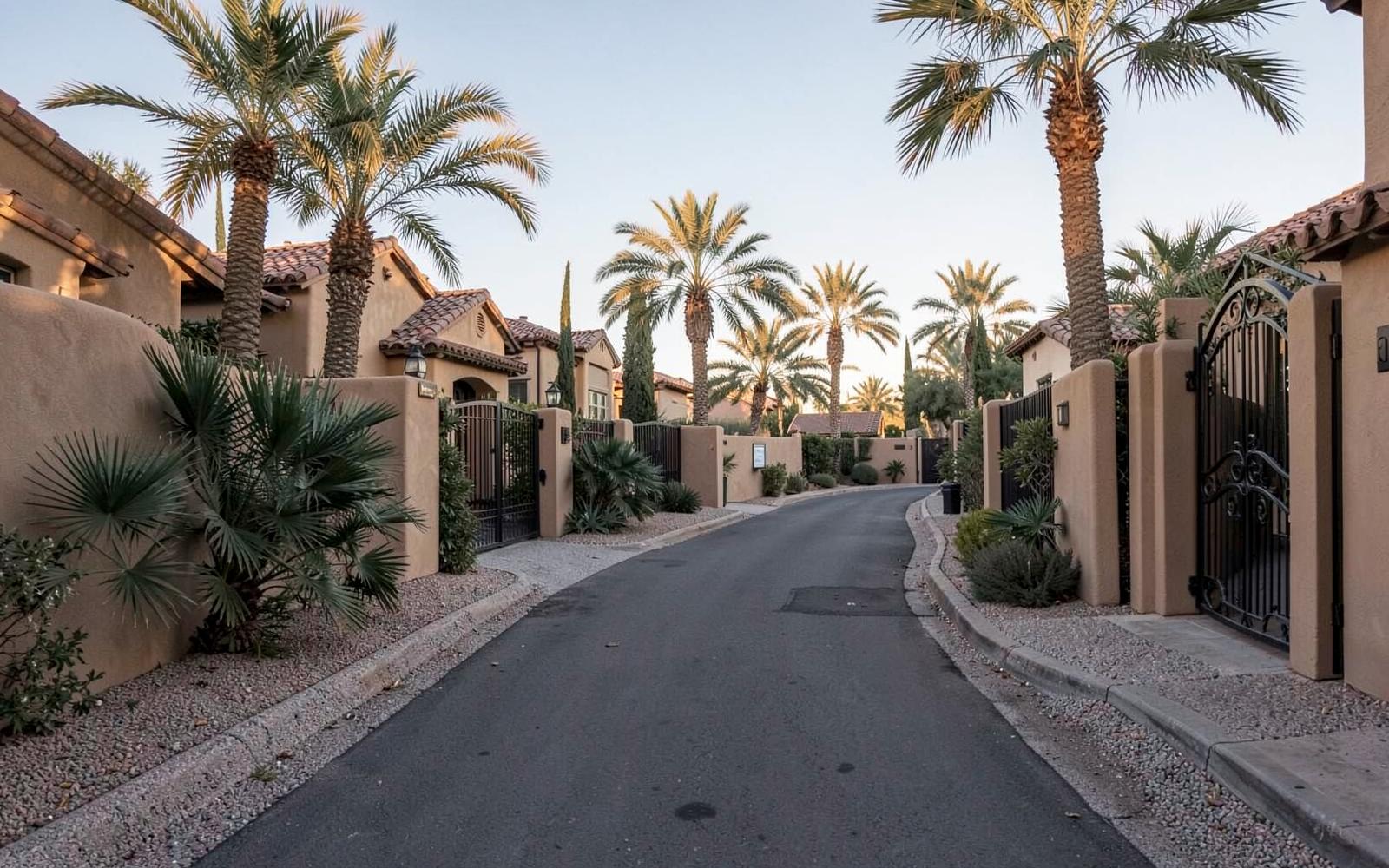 Quiet upscale desert street of walled estates with mature palms, crushed granite verges and iron gates in late afternoon light