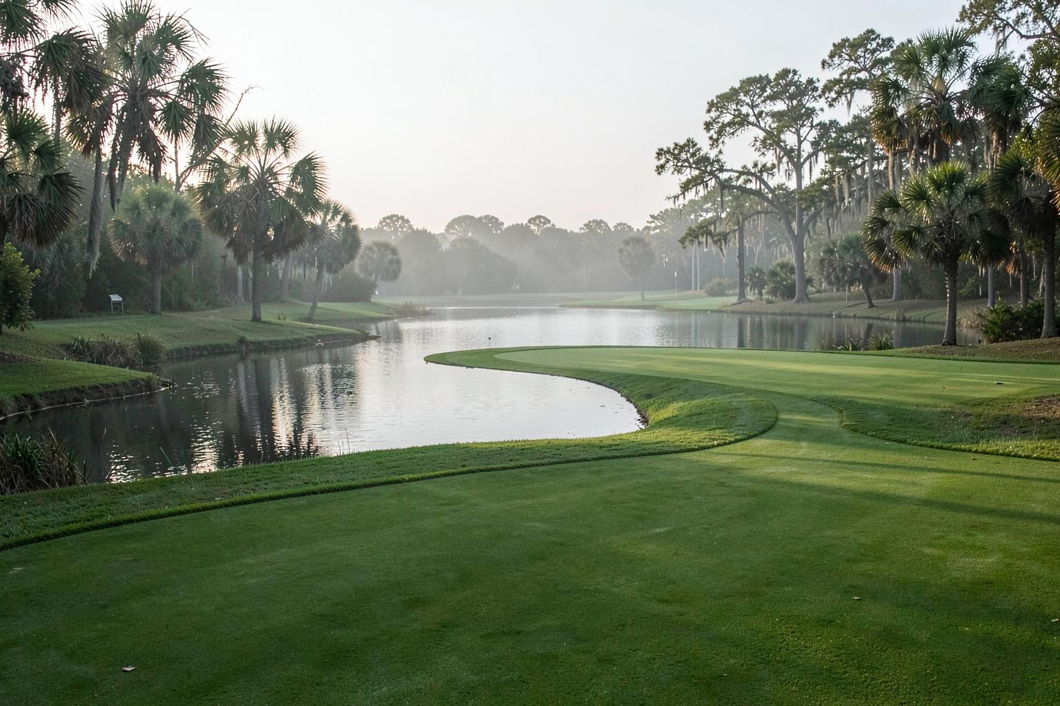 Manicured golf fairway beside a still lagoon lined with palmettos and live oaks