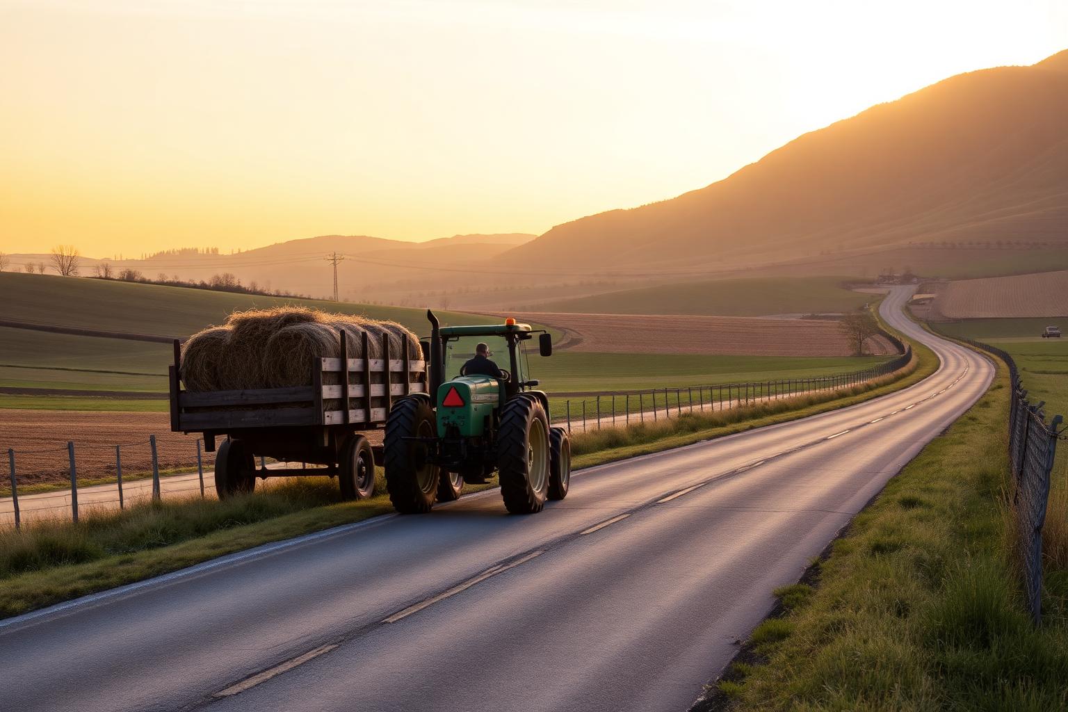 Tractor pulling a hay wagon down a rural valley road at golden hour with mountains in the distance