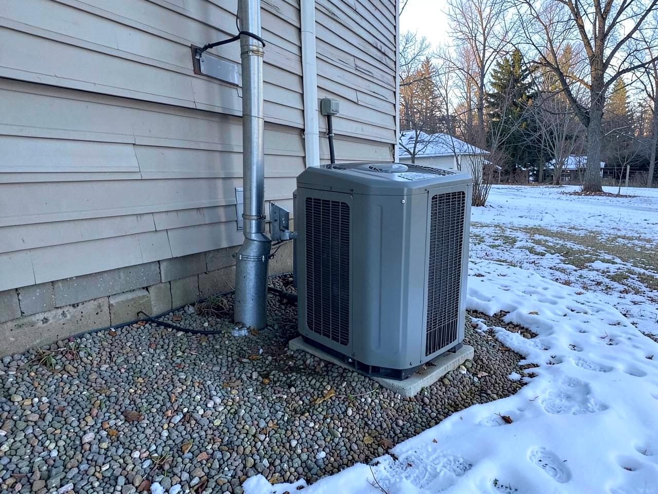 Residential heat pump unit on a gravel pad beside a house wall with snow on the ground in winter light