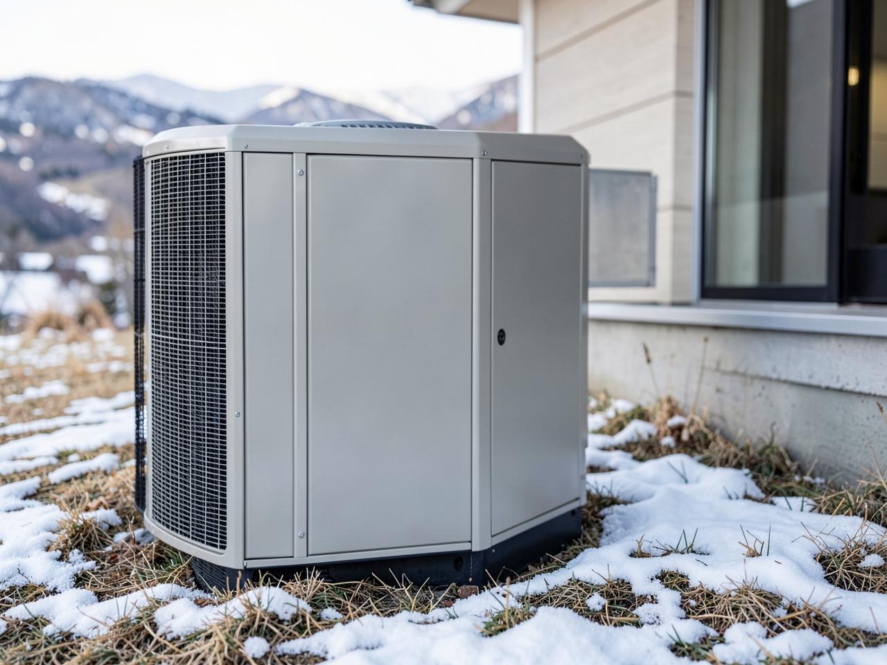 Plain outdoor heat pump unit beside a modern home wall with patchy snow on dry grass and foothills behind