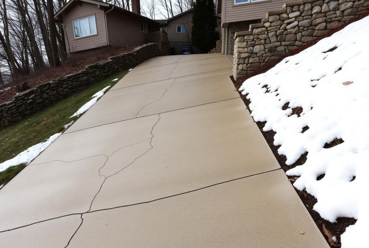 Steep sloped concrete driveway cracked at the joints beside a hillside house with melting snow along a stone retaining wall