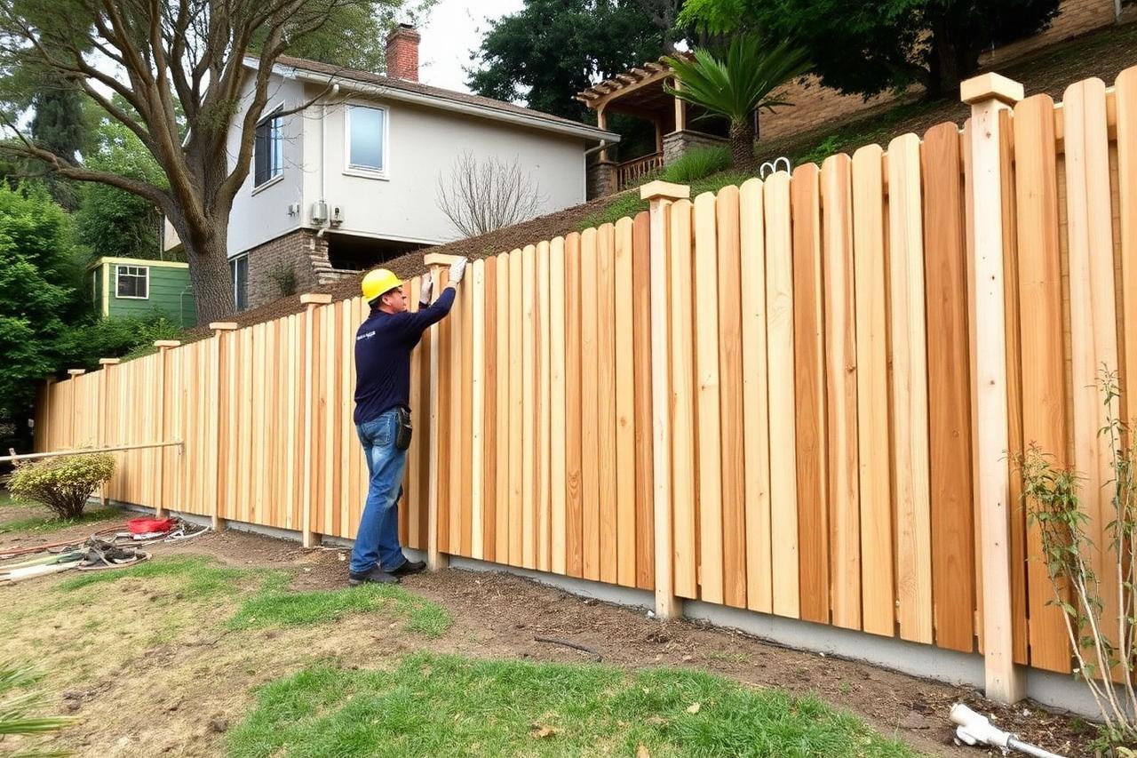 Fence contractor installing a redwood retaining fence on a steep hillside lot in Montclair, Oakland