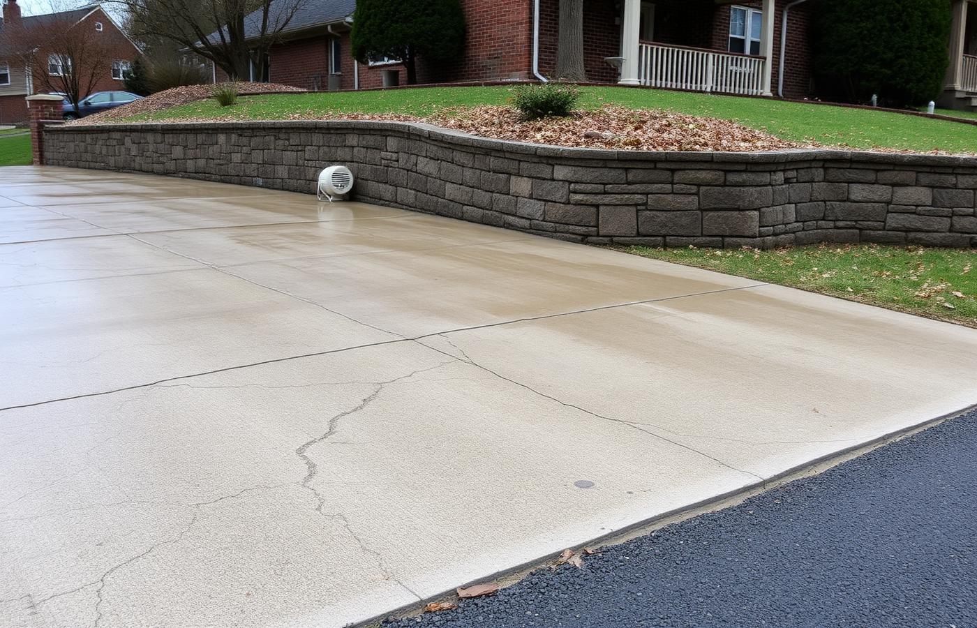 Cracked concrete driveway beside a stone retaining wall on a sloping residential lot after rain