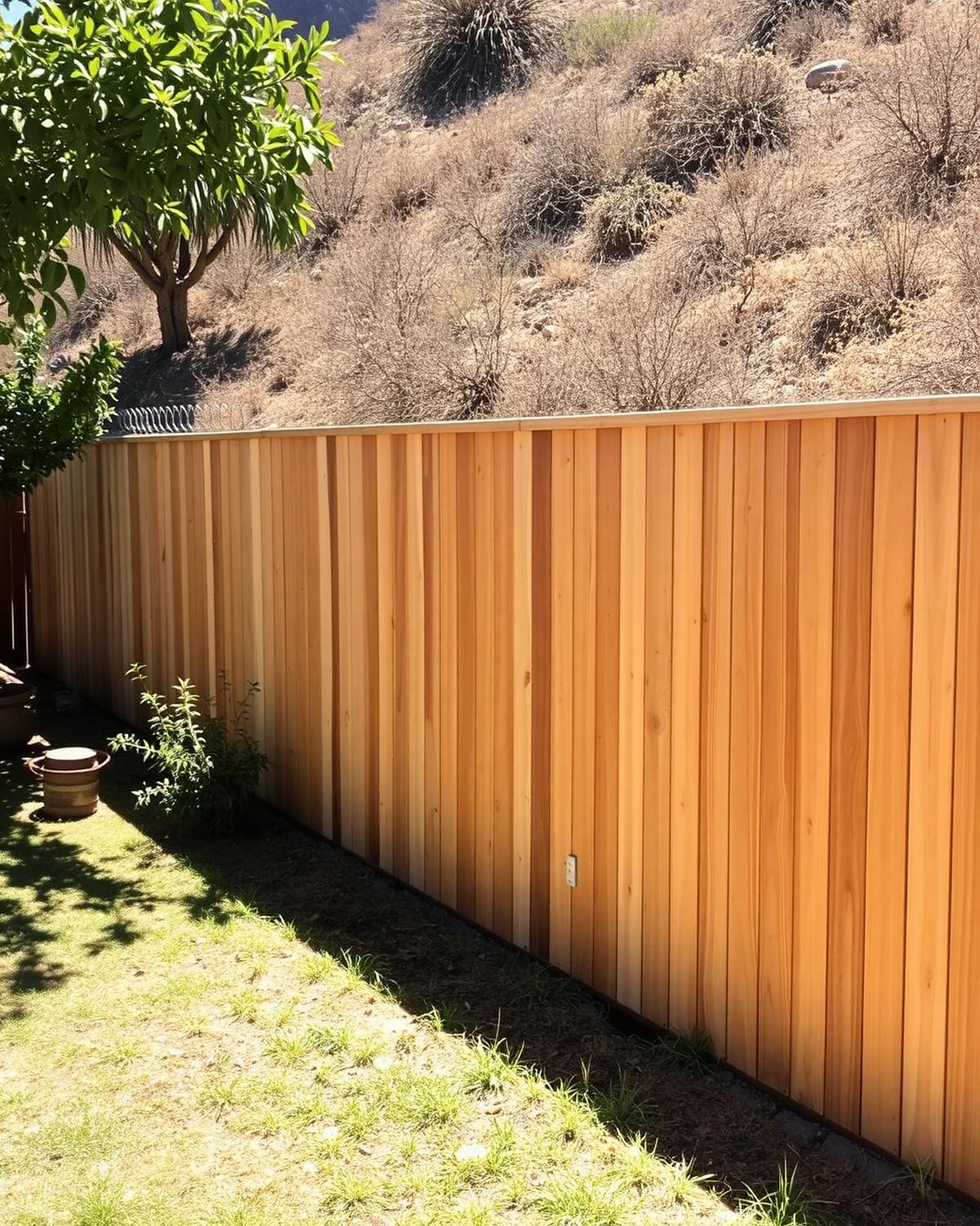 Cedar fence rebuilt for defensible space along a hillside property in the Los Angeles foothills