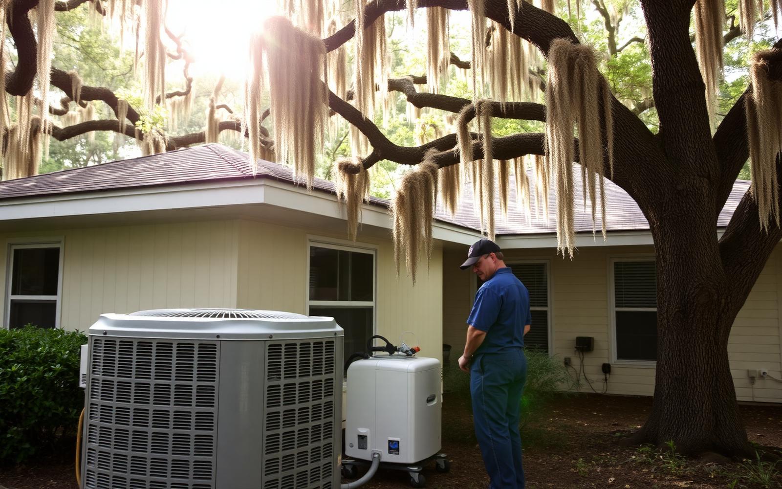 HVAC technician servicing an outdoor AC condenser at a Tallahassee home shaded by live oaks and Spanish moss