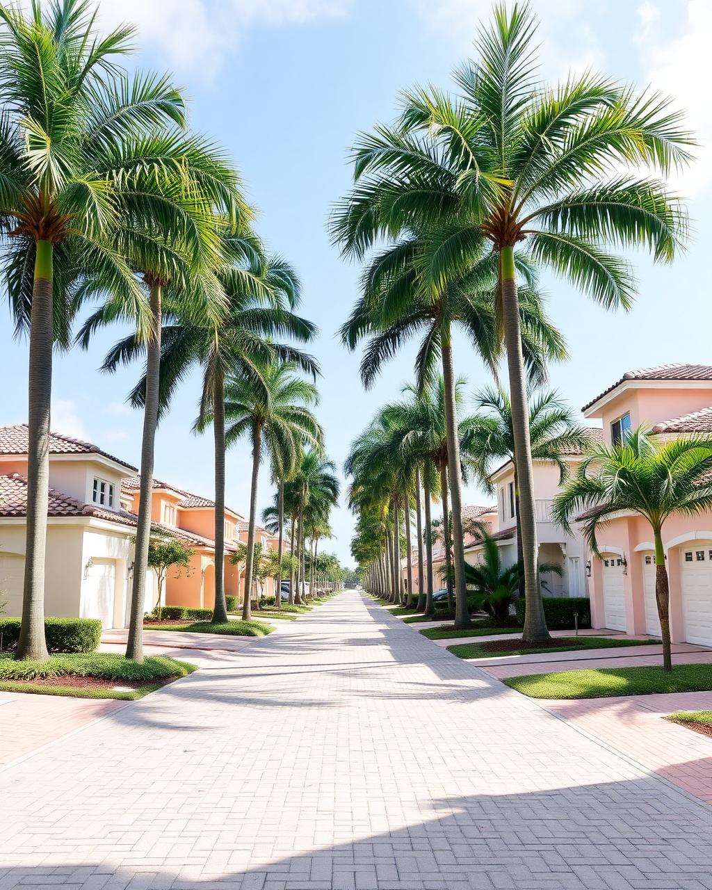 Afternoon light on a palm-lined Kendall street of pastel homes with paver driveways