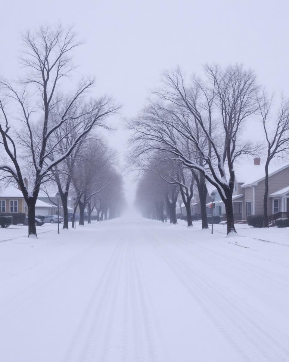 Wind-driven snow blowing across a flat lakeshore neighborhood street lined with bare trees