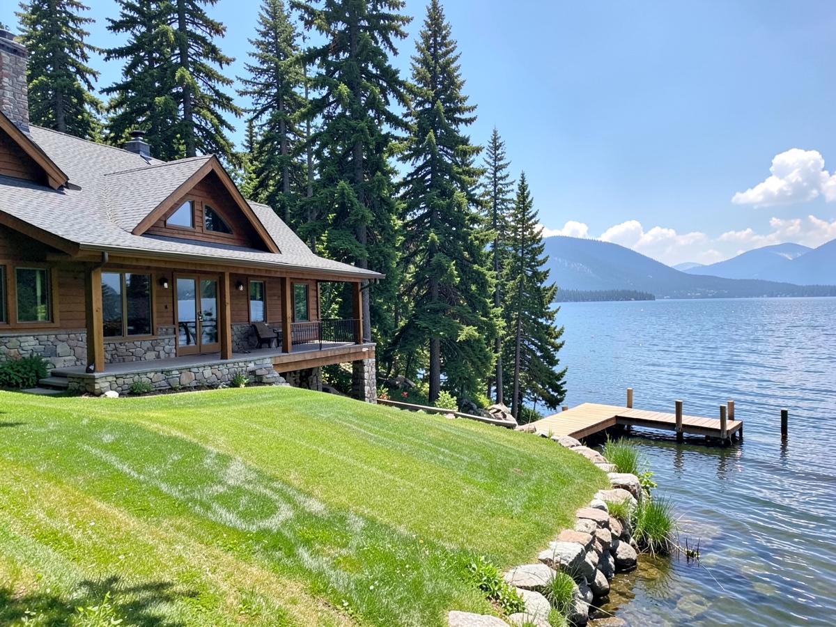 Cedar and stone lakefront home among tall evergreens with a lawn sloping to a wooden dock on a mountain lake