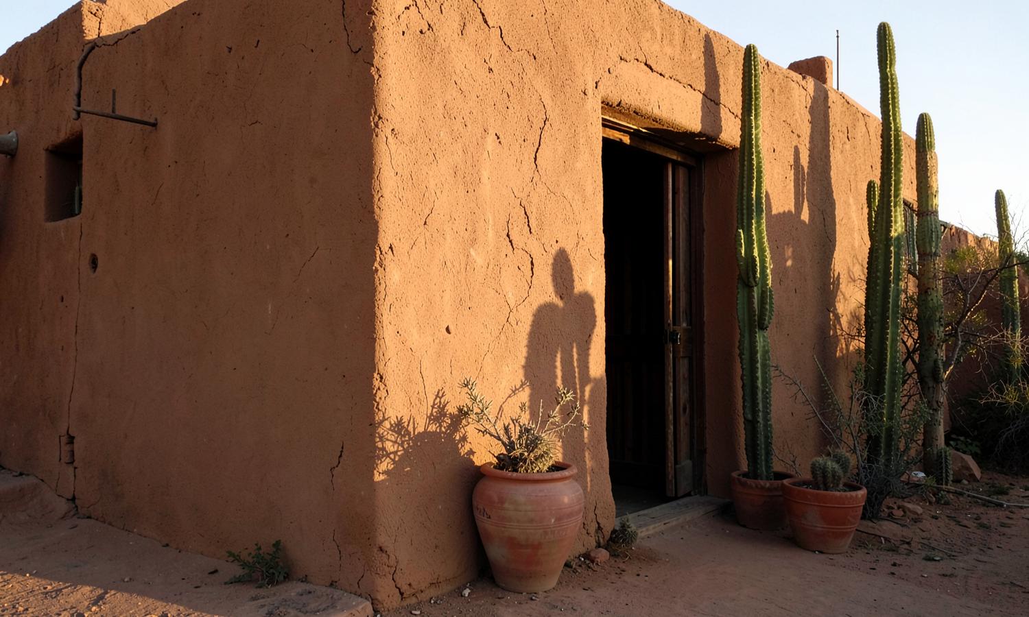 Sunlit adobe wall of an old desert building with deep shade, terracotta pots and tall columnar cactus in warm evening light