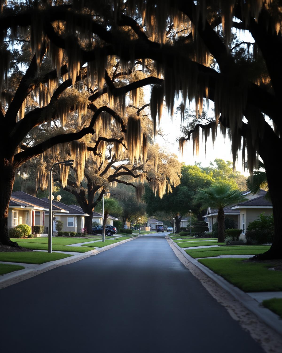 Quiet residential street in the Mandarin area of Jacksonville shaded by mature live oaks