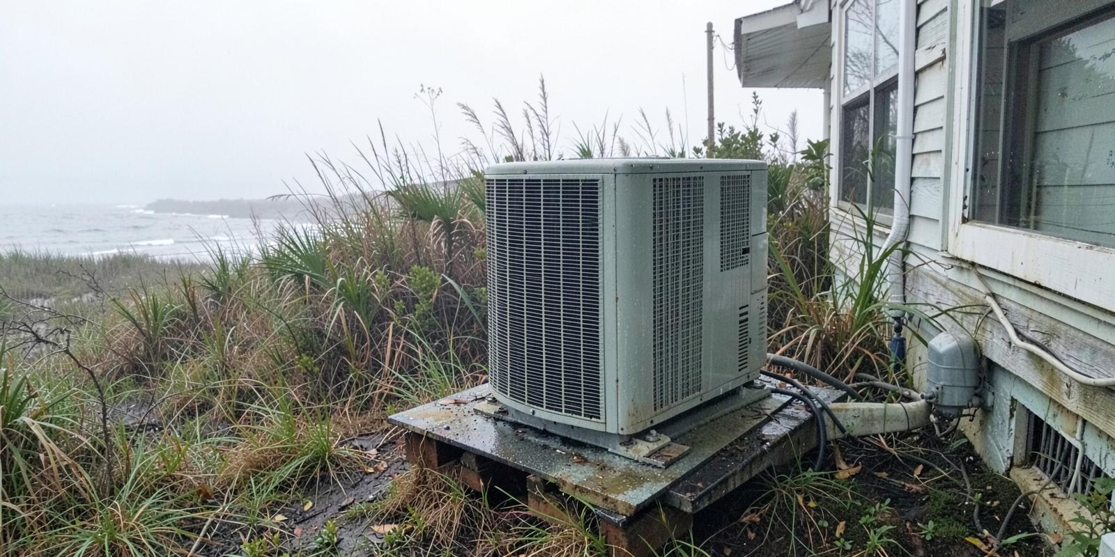 Salt-weathered outdoor air conditioning condenser on a raised platform beside a coastal home surrounded by marsh grass