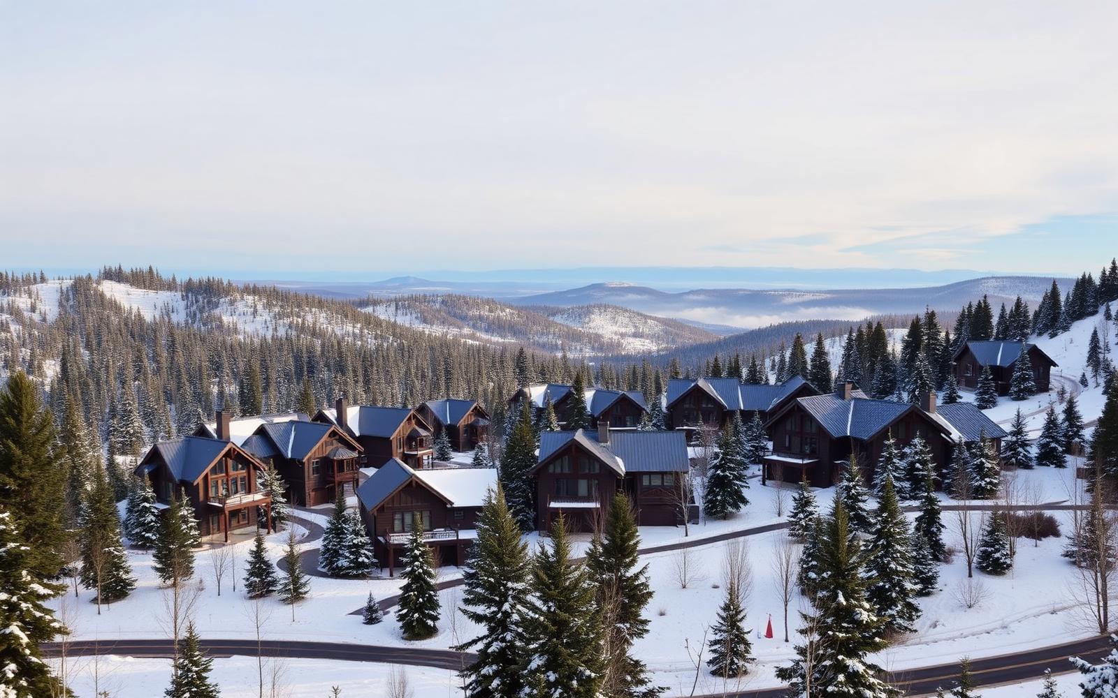 Hillside neighborhood of large modern mountain homes spread across snowy slopes