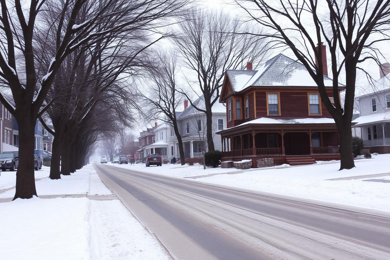Older residential street in a Rockford neighborhood lined with mature trees near the Rock River