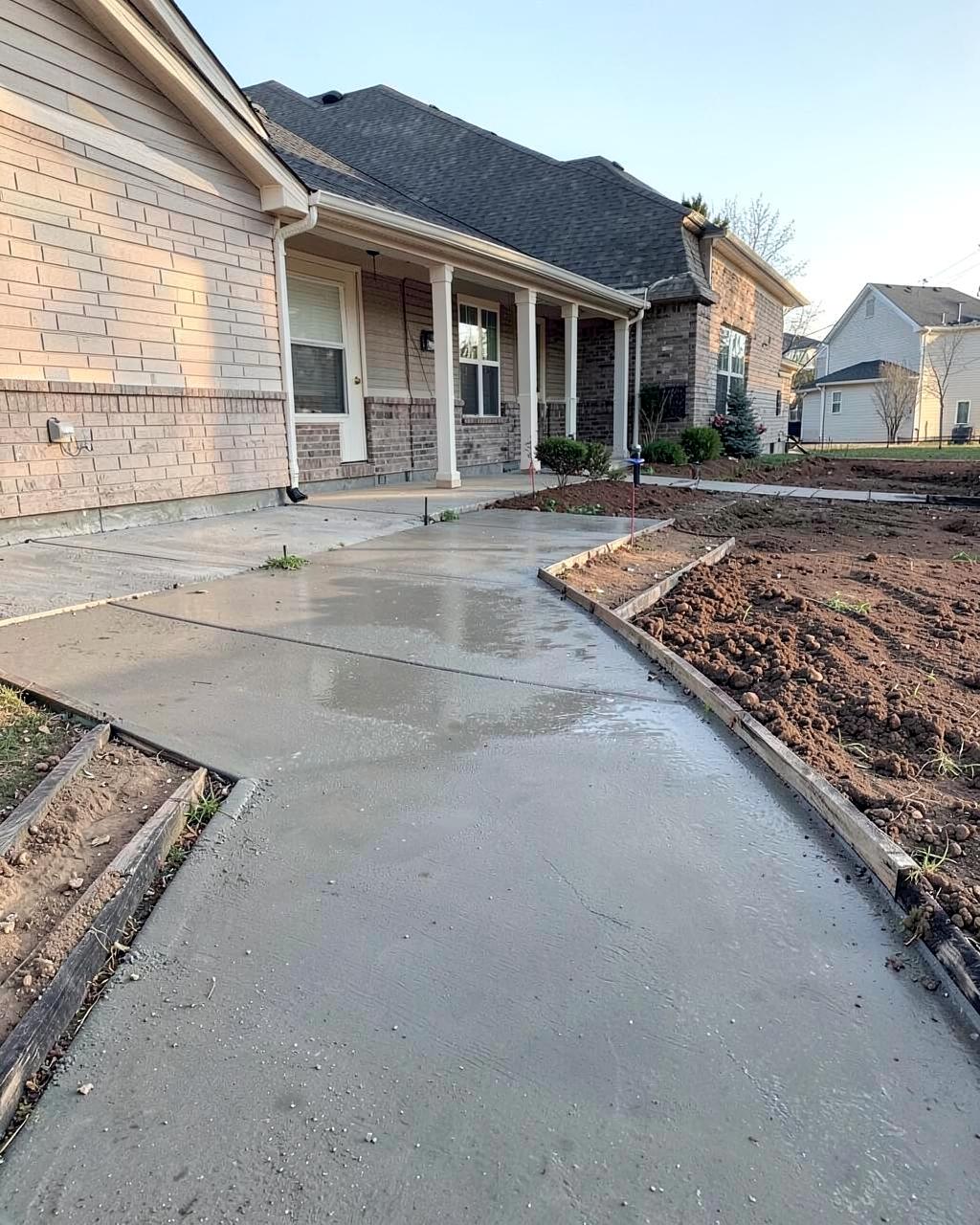 Freshly poured concrete driveway and walkway beside a newly built home with bare dirt yard awaiting landscaping