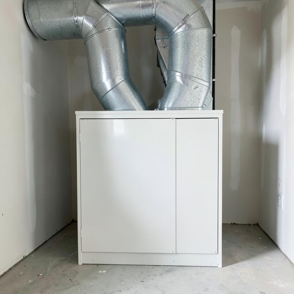New high efficiency furnace and ductwork in a clean unfinished utility room of a recently built home
