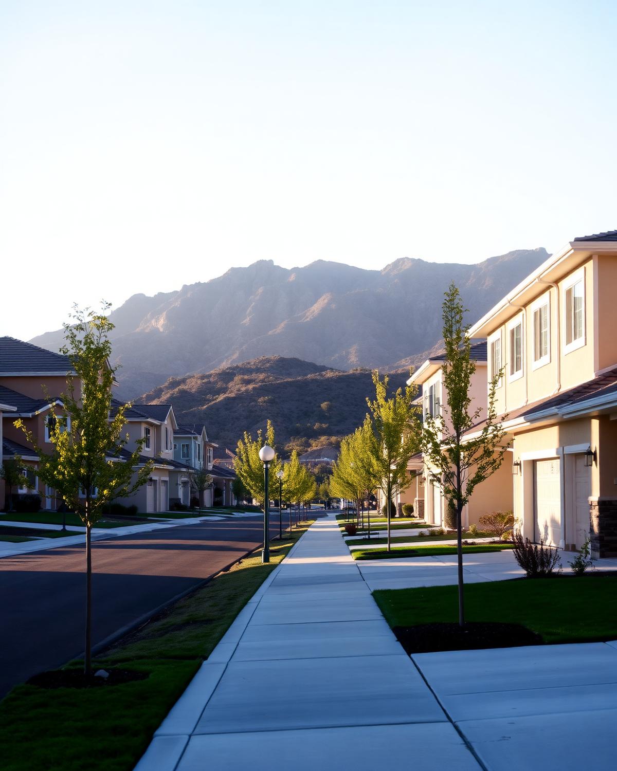 Street of newly built two-story family homes with young saplings and fresh concrete driveways below a mountain ridge
