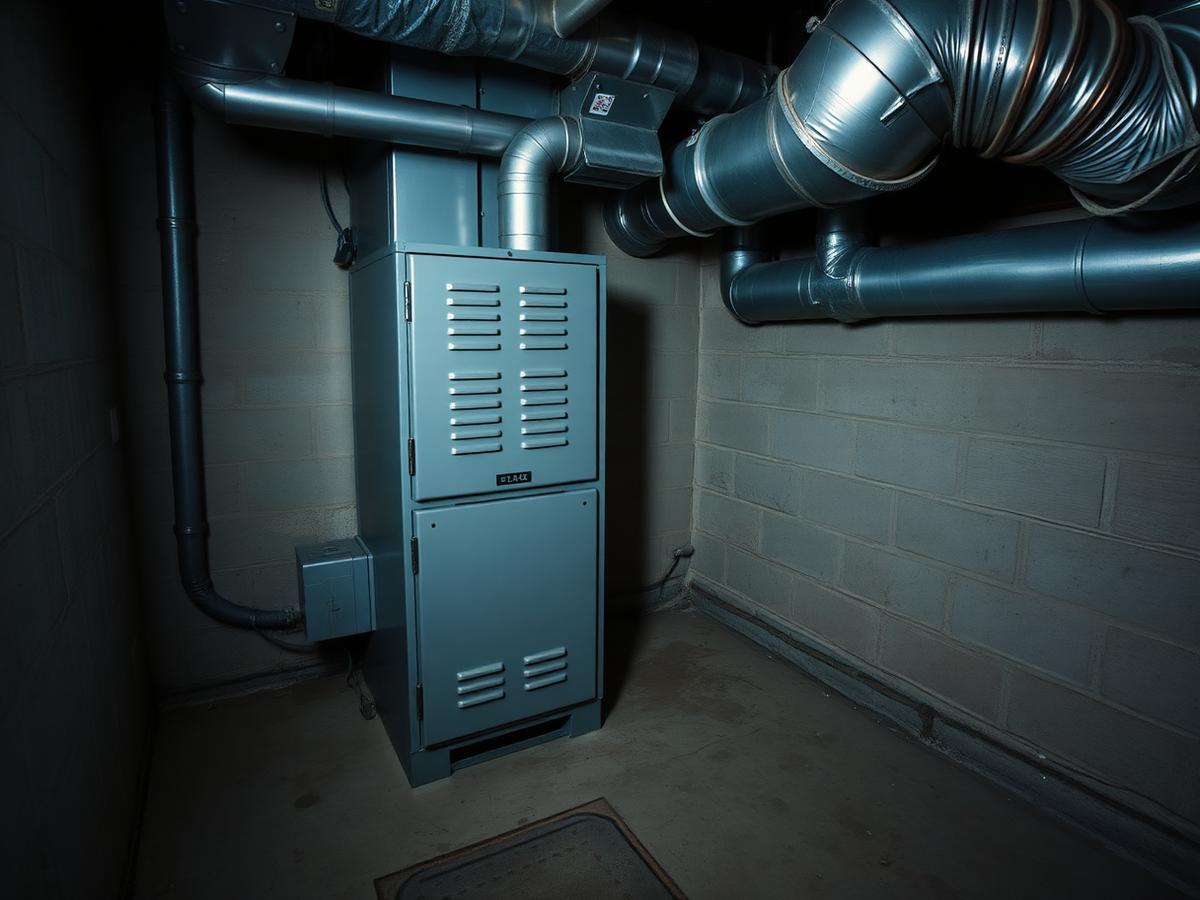 Aging furnace tucked into a low-clearance basement mechanical room in a Reading rowhome