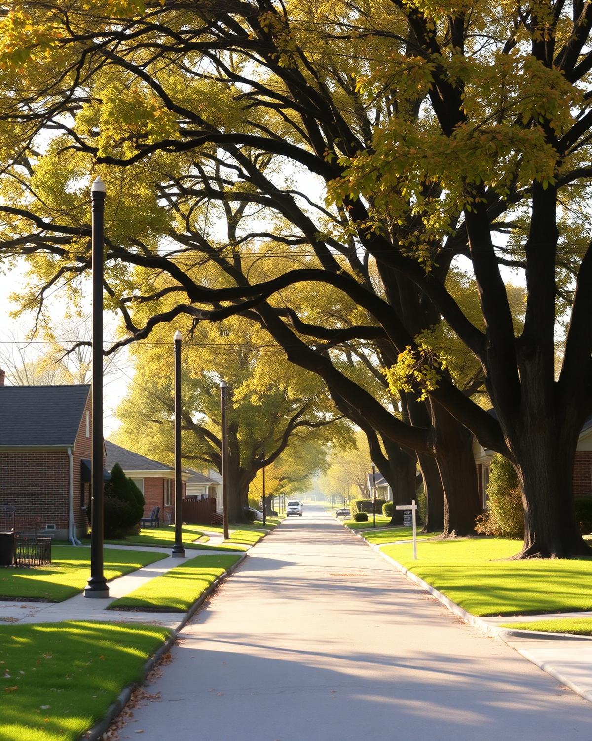 Row of century-old brick bungalows and Victorian homes on a tree-lined Springfield street in late autumn light