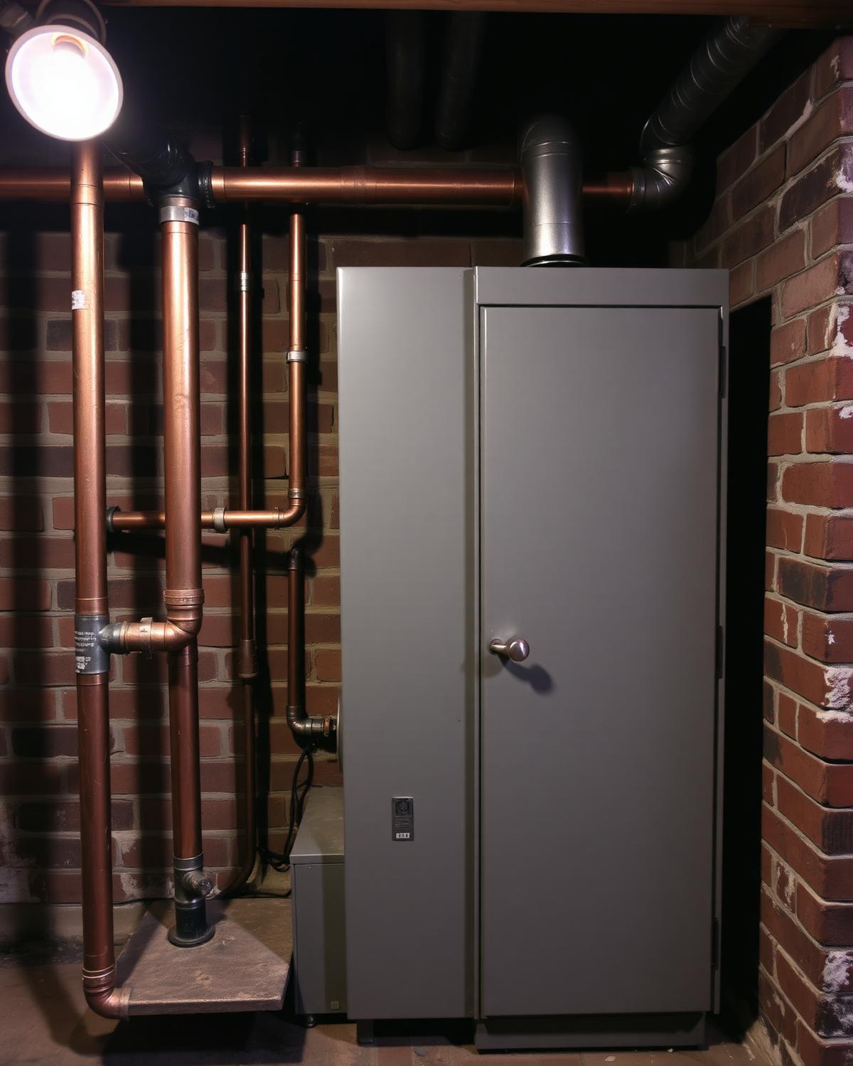 Aging furnace and ductwork in the unfinished basement of an older Ogden brick home