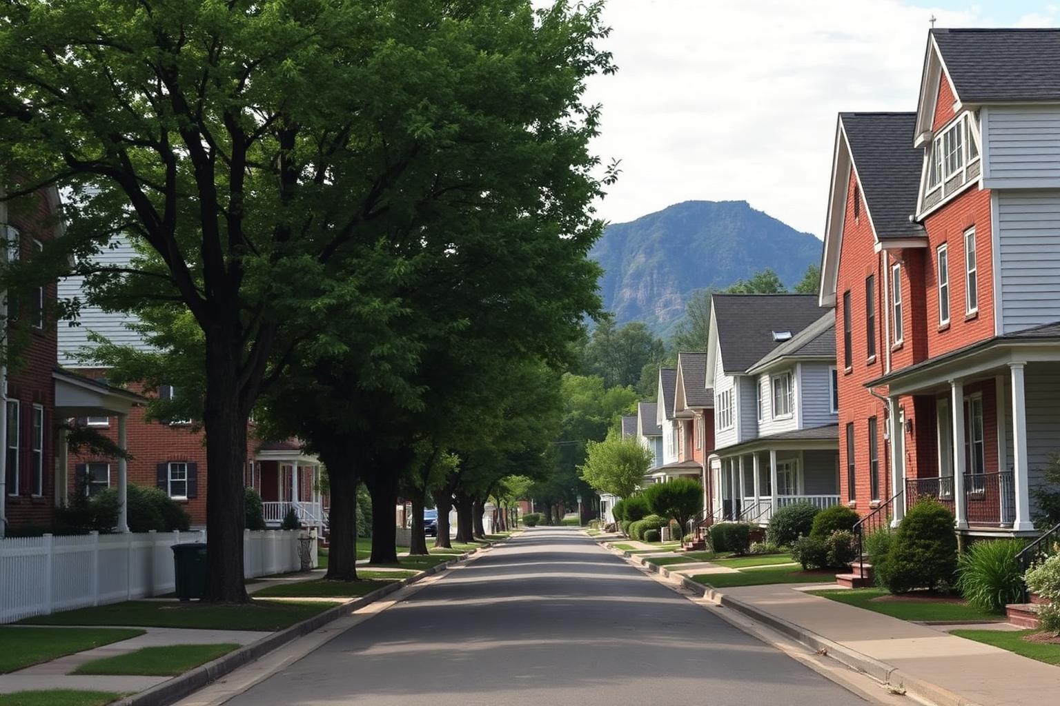 Quiet street of early-1900s brick and clapboard homes with mountains rising at the end of the road