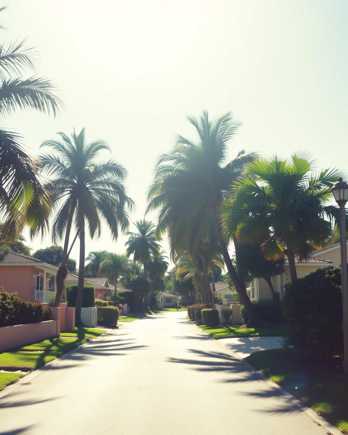 Palm-lined St. Petersburg street of pastel bungalows photographed from a low angle at midday