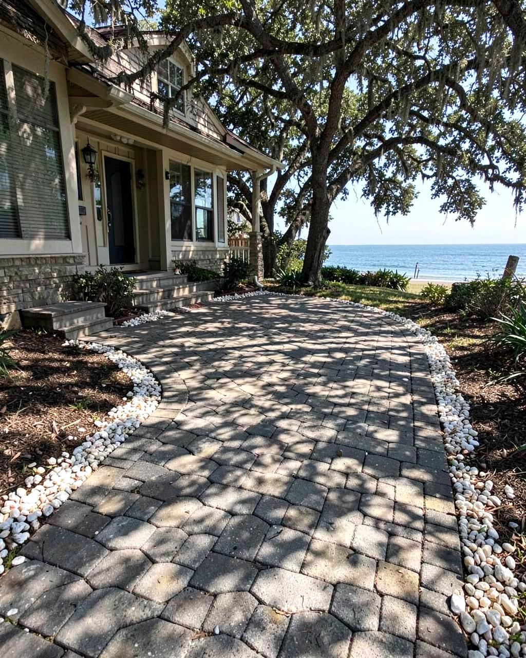 Paver driveway curving through sandy coastal landscaping toward a shaded home entrance
