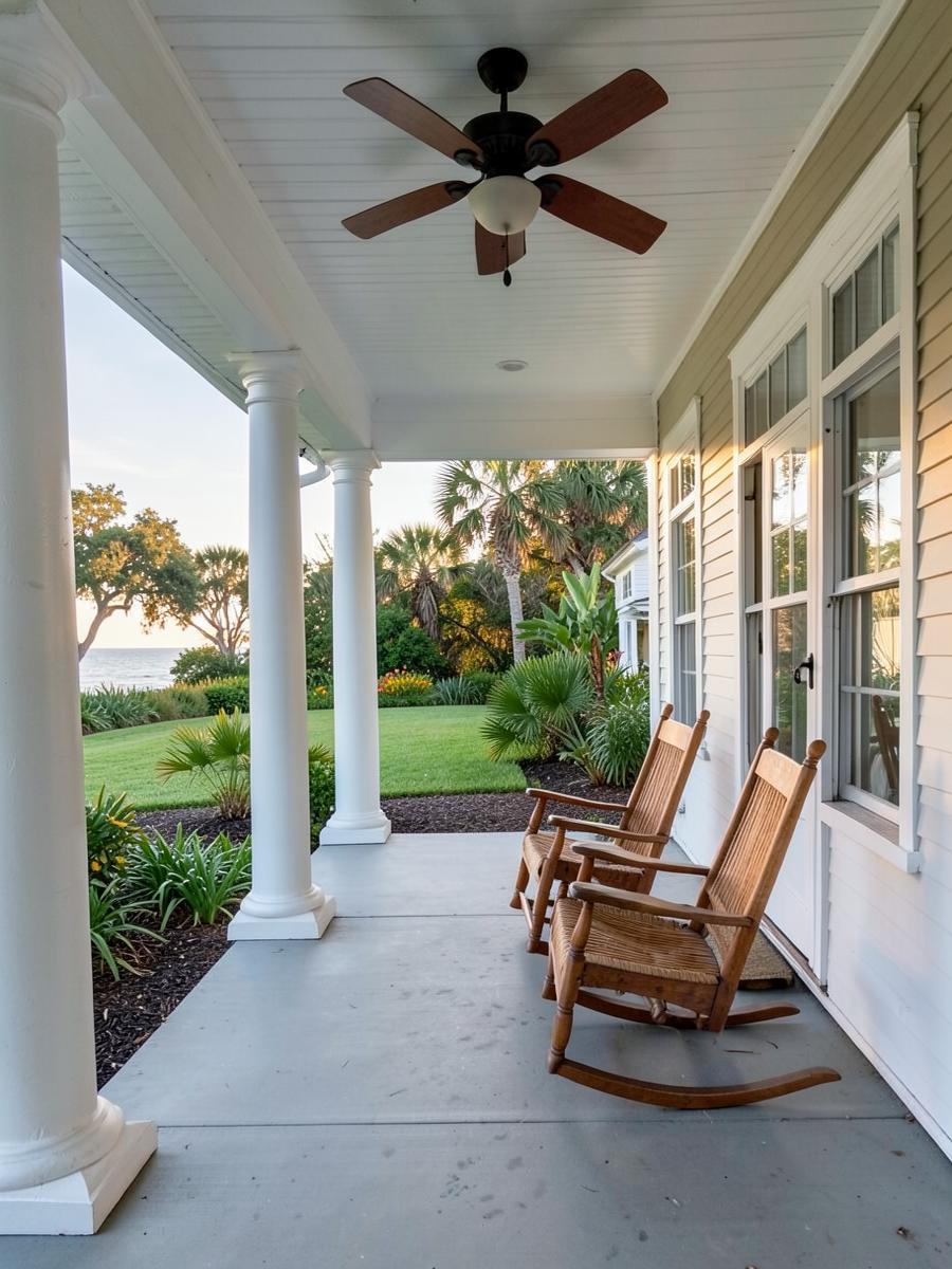 Long side porch with white columns, ceiling fan and rocking chairs looking out toward palmettos and water