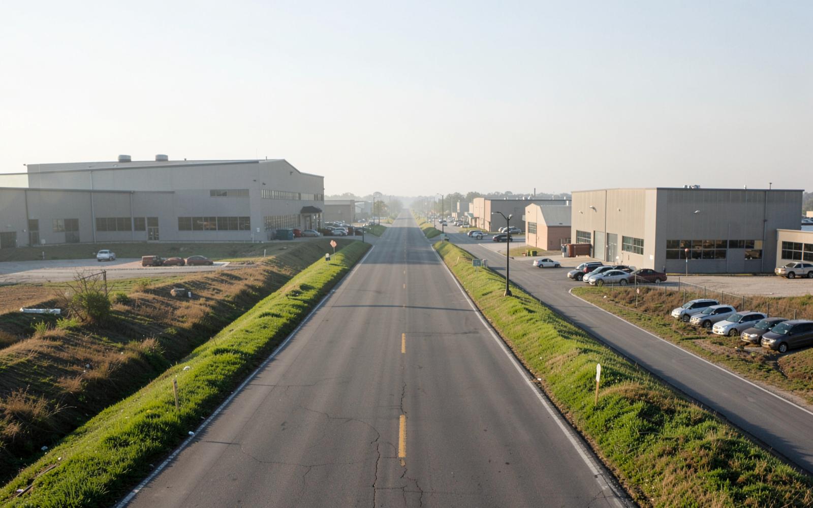 Wide industrial road lined with manufacturing plants behind grass berms in the inland South Carolina Upstate at morning