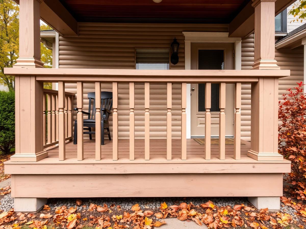 Weathered wooden front porch mid-repair on an older Midwest home, with new lumber braced against original railings