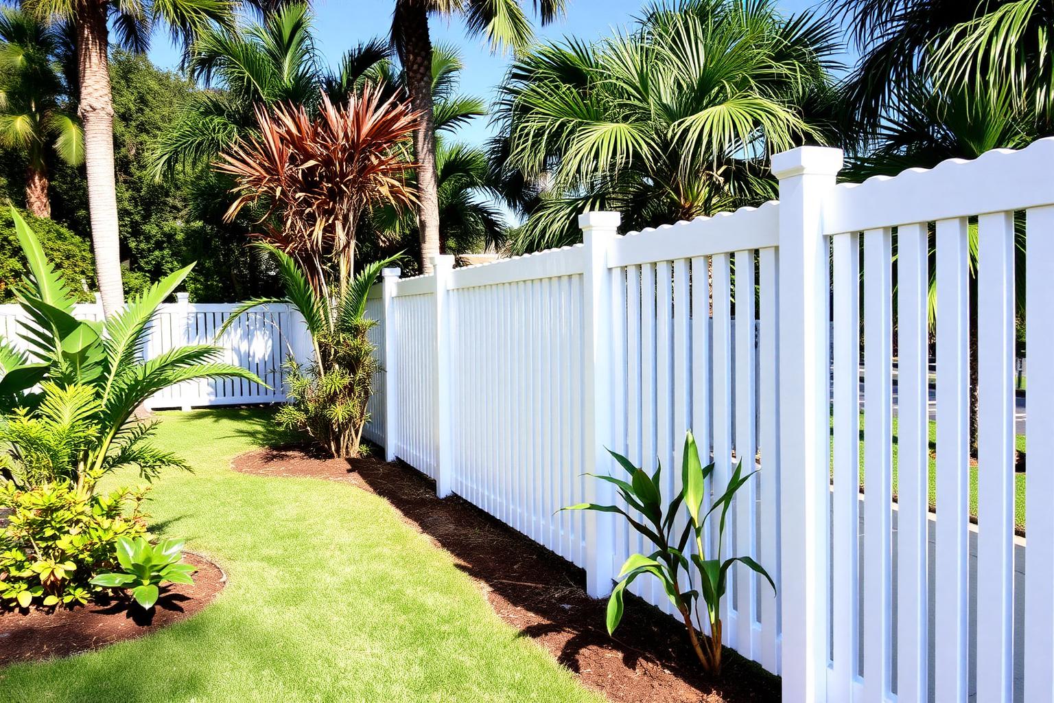 Freshly set white PVC fence panels enclosing a Miami backyard, palm shadows stretching across the lawn