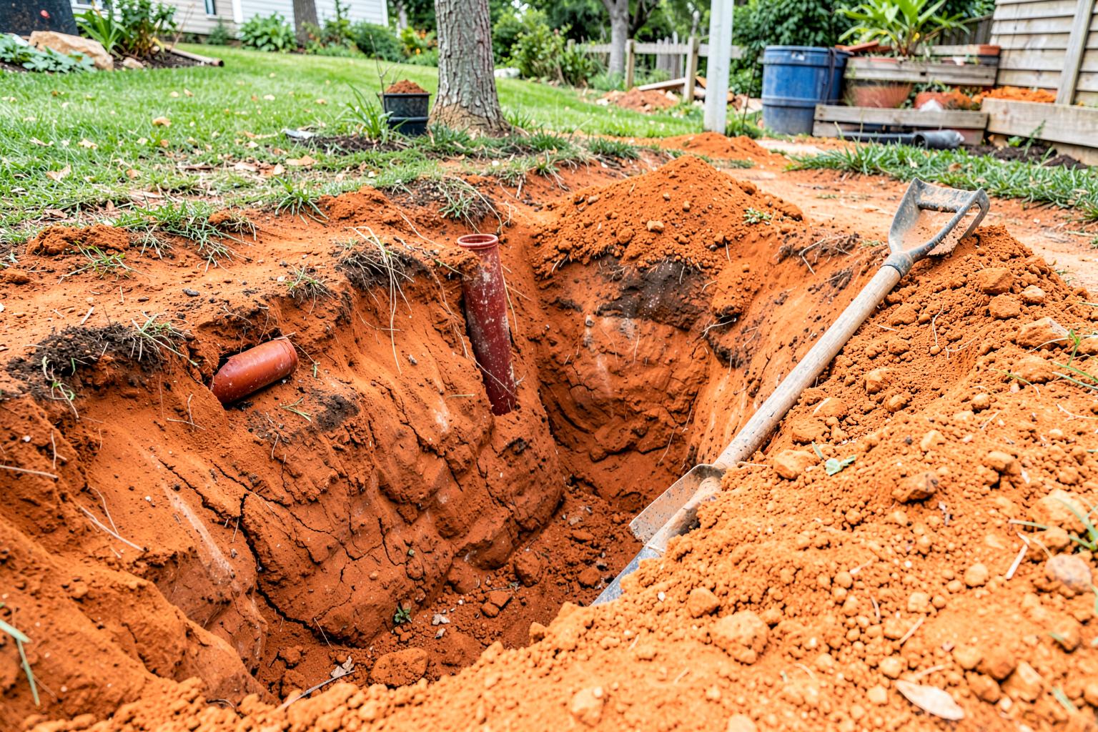Open utility trench cut through bright orange-red clay soil in a residential back yard with exposed pipe and a shovel