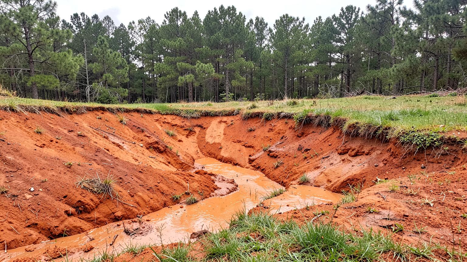 Red clay soil washed out along the edge of a sloped residential driveway after heavy rain