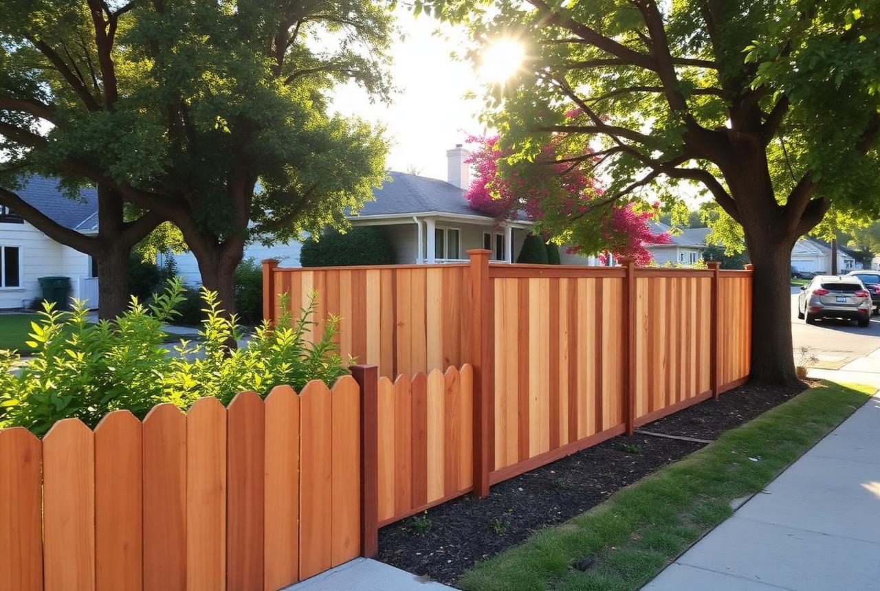 Redwood fence panels reset after clay soil heave along a Land Park, Sacramento property line