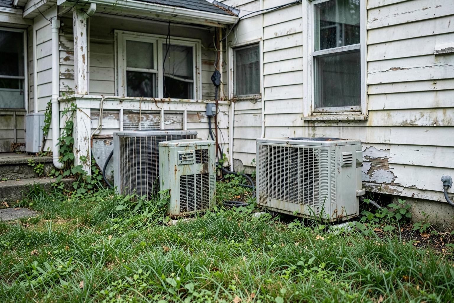 Row of ageing outdoor air conditioning condensers lined along the side of a divided rental house behind a low wooden fence