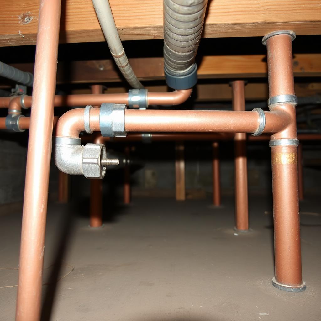 Plumber running new copper repipe through the crawlspace of an older home in the Laurel district, Oakland