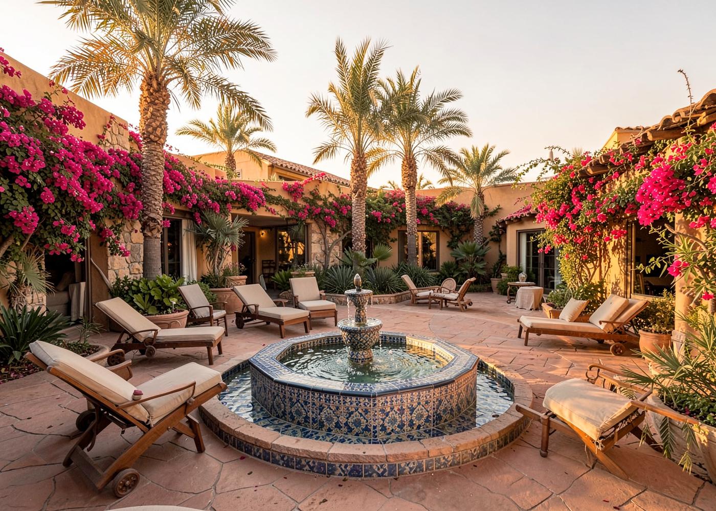Desert resort courtyard with a tiled fountain, lounge chairs, palms and bougainvillea at golden hour