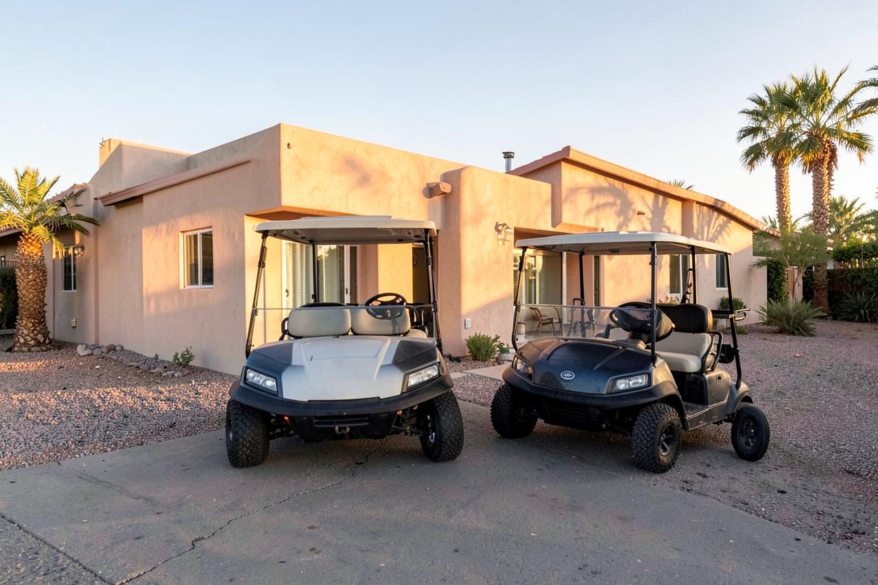 Two golf carts parked in the driveway of a low pastel stucco home in a desert retirement community at golden hour