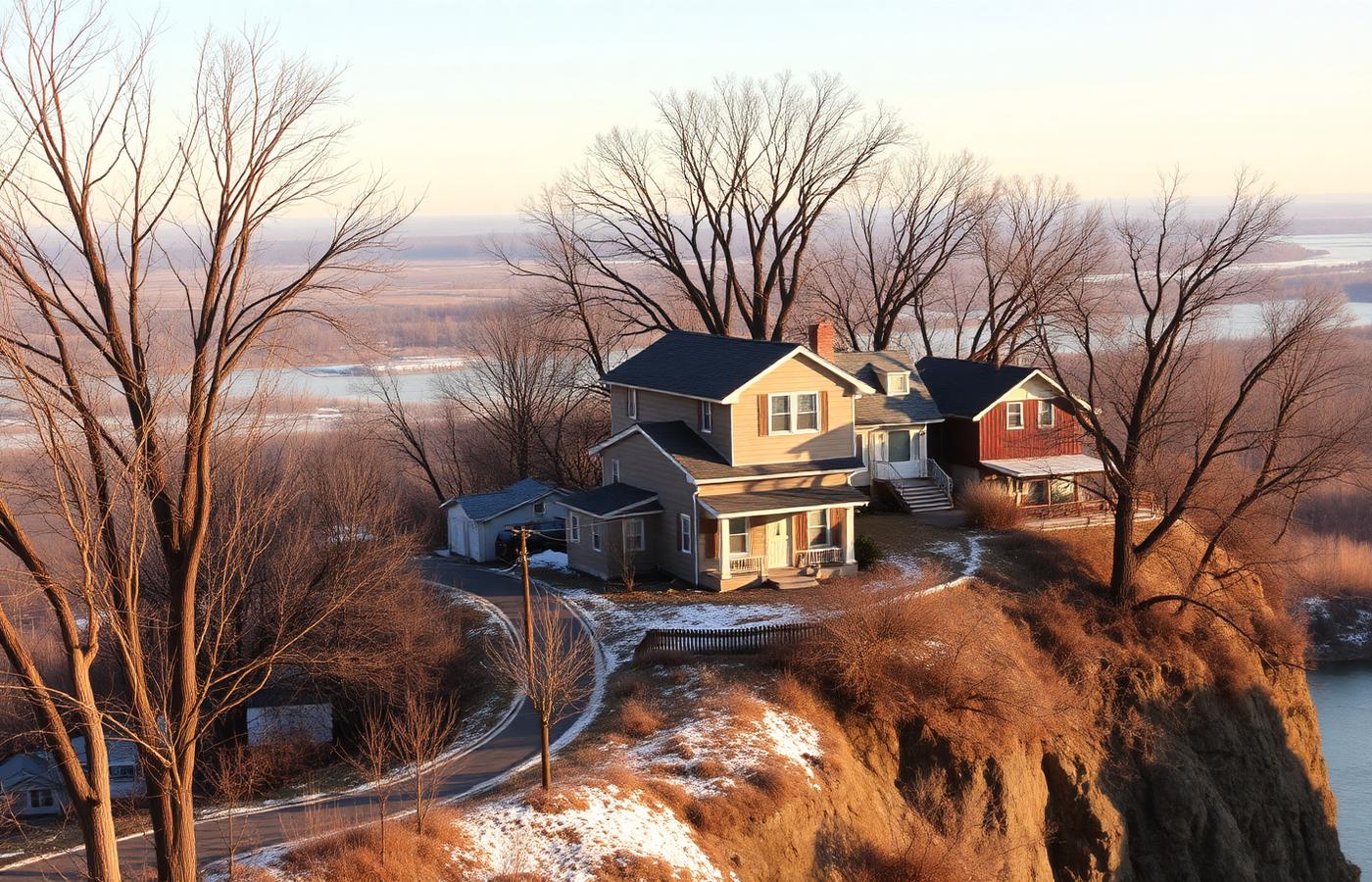 View of Peoria homes and streets rising up a wooded bluff overlooking the Illinois River valley