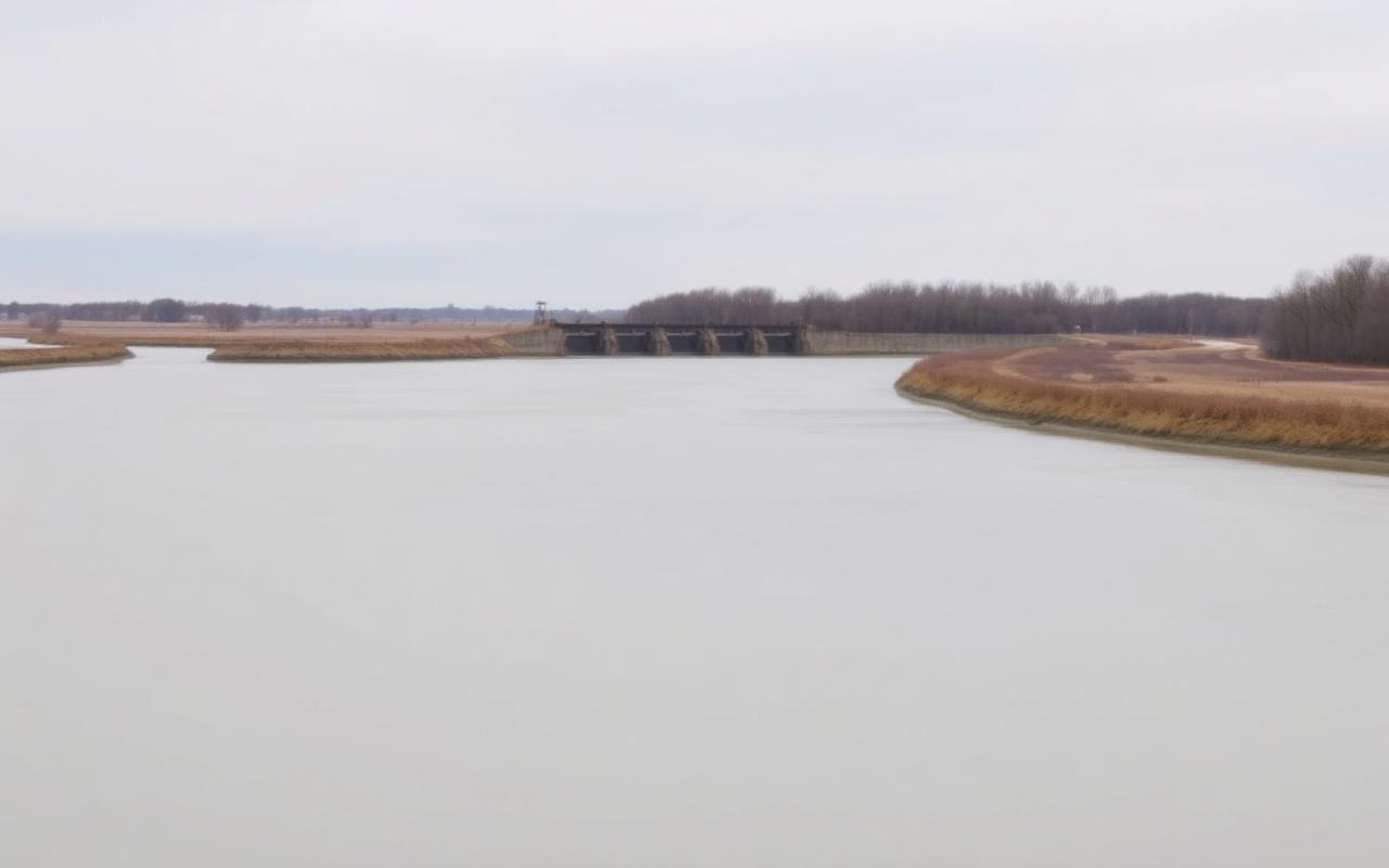 Wide shallow river with grassy earthen banks and a low dam under a flat grey winter sky
