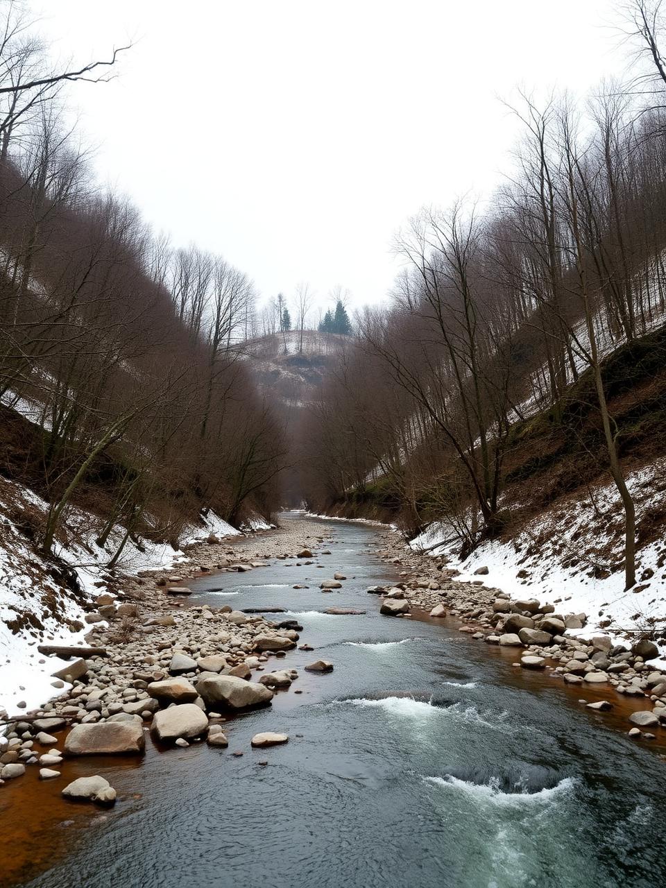 Wooded river valley in late winter with sandstone ledges, bare trees on steep slopes, and patchy snow