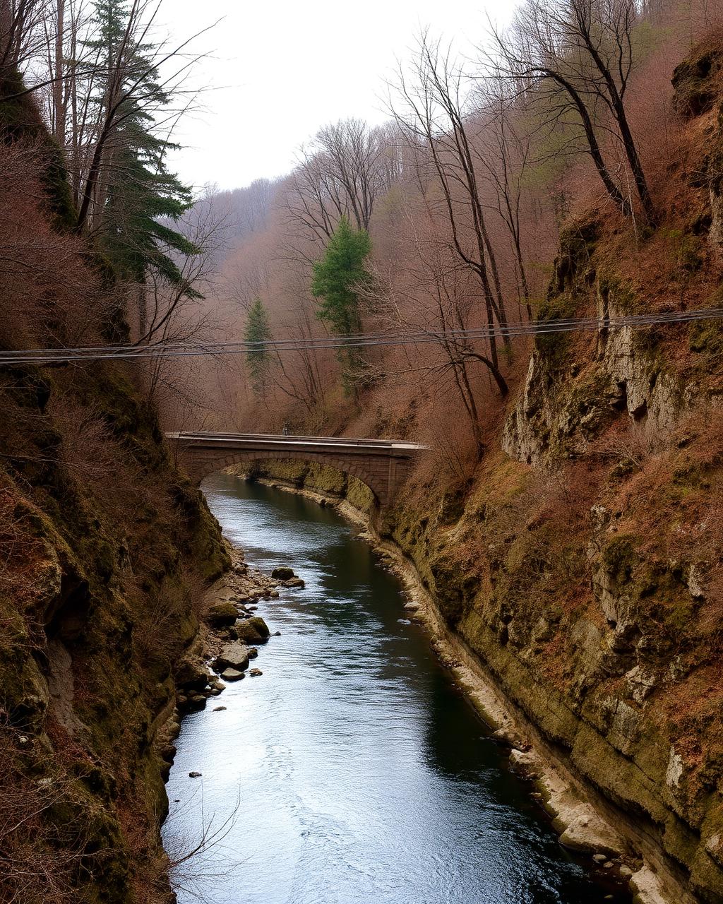 Narrow river winding through a steep wooded valley past old stone bridge abutments in early spring