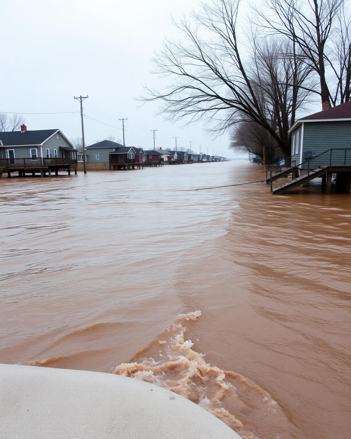 Swollen muddy river rising over a concrete ramp beside modest houses raised on piers